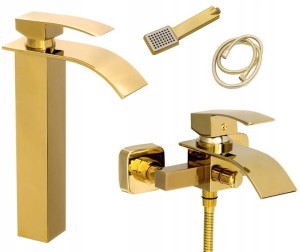 Zestaw Eldo złoty bateria umywalkowa nablatowa + wannowa z natryskiem
