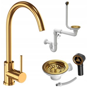 Zestaw złota bateria Alfa + złoty syfon jednokomorowy manualny przyścienny