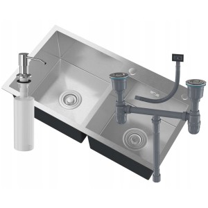 Zlewozmywak stalowy dwukomorowy CHROM + dozownik + syfon