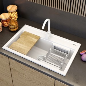 Zlew granitowy duży zestaw kuchenny Asti deska drewniana i ociekarka w zestawie