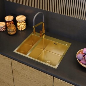 Zlewozmywak stalowy półtorakomorowy złoty z koszykiem i dozownikiem