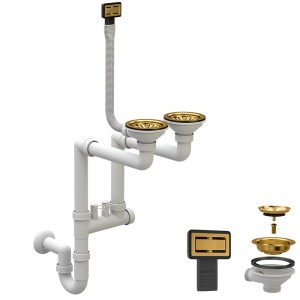 Syfon złoty oszczędzający miejsce manualny dwukomorowy – prostokątny przelew