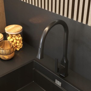 Bateria kuchenna z wyciąganą wylewką dwufunkcyjna słuchawka czarny mat Paso