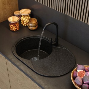 Zlewozmywak granitowy okrągły kuchenny jednokomorowy duży ociekacz  Savio czarny metalik