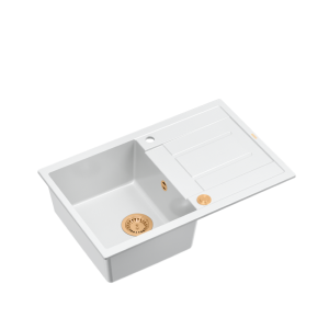 Morgan 111 GraniteQ zlewozmywak snow white z syfonem Push To Open 1-komorowy z/o/ elementy miedziane/stal szlachetna/złoto