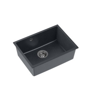 Quadron Alec 50 GraniteQ zlewozmywak black dotted 1-komorowy b/o komora podwieszana okrągły odpływ + syfon manualny stal szczotkowana + zaczepy czarny