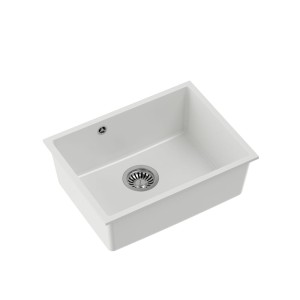 Quadron Alec 50 GraniteQ zlewozmywak snow white 1-komorowy b/o komora podwieszana okrągły odpływ + syfon manualny stal szczotkowana + zaczepy
