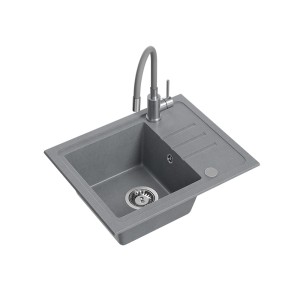 Quadron Ben 116 zlewozmywak granitowy szary + bateria z elastyczną wylewką szara + syfon + zaślepka