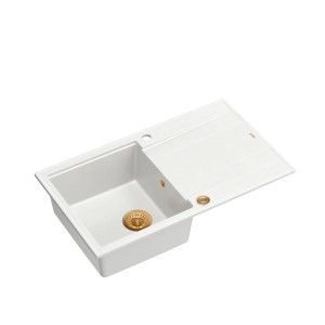 Quadron Evan 111 GraniteQ zlewozmywak z syfonem Push 2 Open 1-komorowy z/o snow white elementy miedziane/stalowe/złote