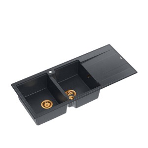 Quadron Evan 121 GraniteQ zlewozmywak z syfonem Push To Open 2-komorowy z/o black diamond elementy miedziane/stalowe/złote