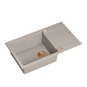 Quadron Evan 136 XL GraniteQ zlewozmywak z syfonem Push To Open 1-komorowy z/o soft taupe elementy miedziane/stalowe/złote