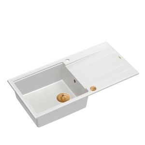 Quadron Evan 146XL GraniteQ zlewozmywak z syfonem Push 2 Open 1-komorowy z/o snow white elementy miedziane/stalowe/złote