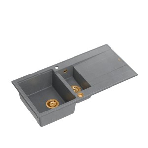 Quadron Evan 156 GraniteQ zlewozmywak z syfonem Push To Open 1,5-komorowy z/o silver stone elementy miedziane/stalowe/złote