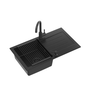 Quadron Johnny 111 GraniteQ zlewozmywak granitowy Pure Carbon 1-komorowy z/o z syfonem black + bateria Kate Pure Carbon + dozownik + Qmata