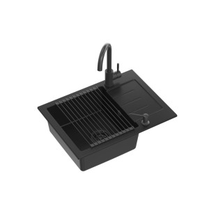 Quadron Johnny 116 GraniteQ zlewozmywak granitowy Pure Carbon 1-komorowy z/o z syfonem black + bateria Kate pure carbon + dozownik + Qmata