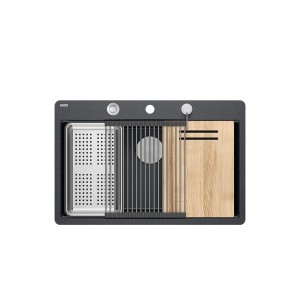 Quadron Marc 110 FM PRODUKT NA ZAMÓWIENIE | granitowy zlewozmywak kuchenny CZARNY+ STAL | akcesoria: syfon, dozownik, deska, ociekarka, Qmata | 1-komorowy na równi w blatem