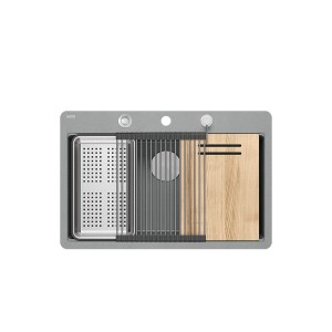 Quadron Marc 110 FM PRODUKT NA ZAMÓWIENIE | granitowy zlewozmywak kuchenny SZARY + STAL | akcesoria: syfon, dozownik, deska, ociekarka, Qmata | 1-komorowy na równi w blatem