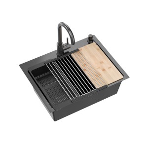 Quadron Luke 110 Workstation zlewozmywak black metal z syfonem 1-komorowy b/o + Qmata + Wkładka + Dozownik + Deska + bateria ze stałą wylewką black metal