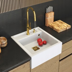 Zestaw - granitowy skandynawski farmerski biały - kran złoty - dozownik