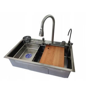 Zlew stalowy czarny - bateria wodospad - myjka - koszyk - dozownik - zestaw Sarmo