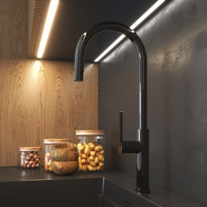 Bateria kuchenna z wyciąganą wylewką czarna w połysku kran Prati