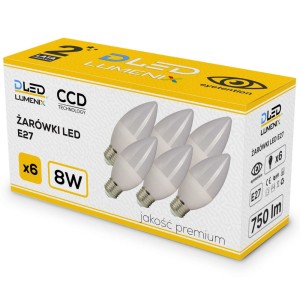 6x Żarówka E27 LED 750lm 8W świeczka