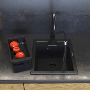 Zestaw - Zlewozmywak granitowy Best czarny - bateria Loseto - syfon - ociekarka 