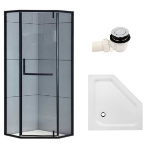 Zestaw - kabina prysznicowa pięciokątna 90x90 cm - brodzik - syfon klik klak
