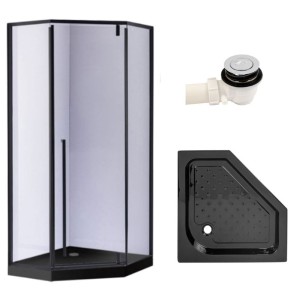 Zestaw - kabina prysznicowa pięciokątna 90x90 cm - brodzik - syfon klik klak 