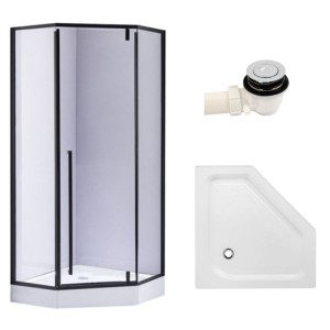 Zestaw - kabina prysznicowa pięciokątna 100x100 cm - brodzik - syfon 