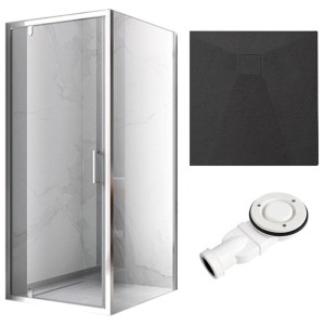Zestaw - kabina prysznicowa kwadratowa 90x90 cm - brodzik - syfon