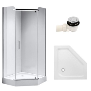 Zestaw - kabina prysznicowa pięciokątna 80x80 cm - brodzik - syfon klik klak