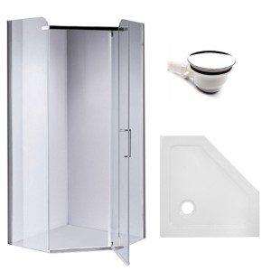 Zestaw - kabina prysznicowa pięciokątna 80x80 cm - brodzik - syfon
