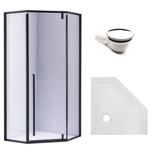 Zestaw - kabina prysznicowa pięciokątna 80x80 cm - brodzik - syfon