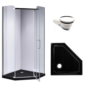 Zestaw - kabina prysznicowa pięciokątna 80x80 cm - brodzik - syfon