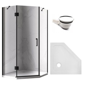 Zestaw - kabina prysznicowa pięciokątna 80x80 cm - brodzik - syfon 
