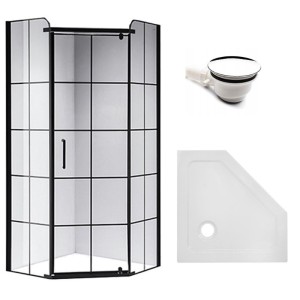 Zestaw - kabina prysznicowa pięciokątna 90x90 cm - brodzik - syfon