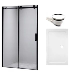 Zestaw - drzwi prysznicowe czarne 105-110 cm 8 mm - brodzik 110x70 cm - syfon