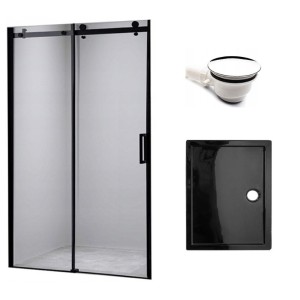 Zestaw - drzwi prysznicowe czarne 95-100 cm 8 mm - brodzik 100x90 cm - syfon