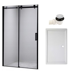 Zestaw - drzwi prysznicowe czarne 95-100 cm 8 mm - brodzik 100x80 cm - syfon klik klak 
