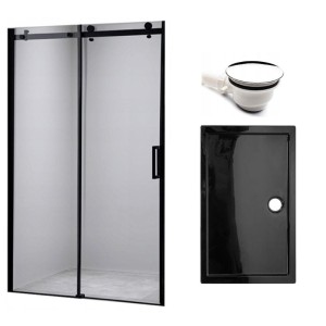 Zestaw - drzwi prysznicowe czarne 105-110 cm 8 mm - brodzik 110x80 cm - syfon 