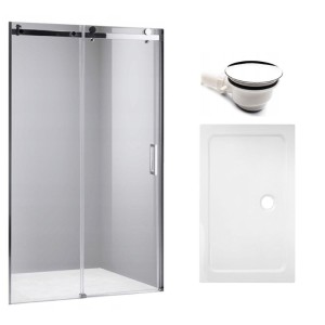 Zestaw - drzwi prysznicowe chrom 105-110 cm 8 mm - brodzik 110x90 cm - syfon