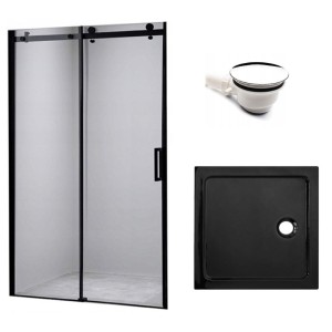 Zestaw - drzwi prysznicowe czarne 95-100 cm 8 mm - brodzik 100x100 cm - syfon
