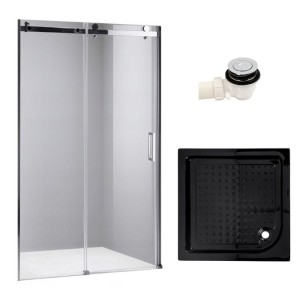 Zestaw - drzwi prysznicowe chrom 95-100 cm 8 mm - brodzik 100x100 cm - syfon klik klak