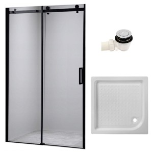 Zestaw - drzwi prysznicowe czarne 95-100 cm 8 mm - brodzik 100x100 cm - syfon klik klak