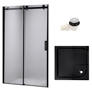 Zestaw - drzwi prysznicowe czarne 95-100 cm 8 mm - brodzik 100x100 cm - syfon klik klak