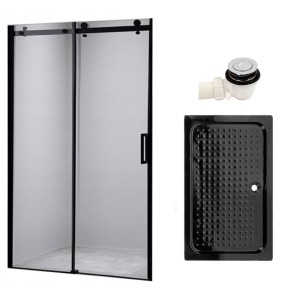 Zestaw - drzwi prysznicowe czarne 95-100 cm 8 mm - brodzik 100x80 cm - syfon klik klak