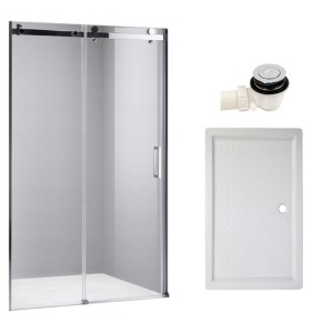 Zestaw - drzwi prysznicowe chrom 95-100 cm 8 mm - brodzik 100x80 cm  - syfon klik klak