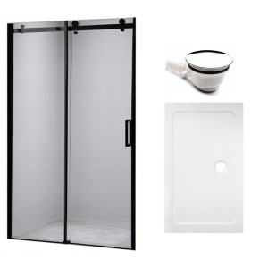 Zestaw - drzwi prysznicowe czarne 105-110 cm 8 mm - brodzik 110x90 cm - syfon