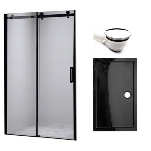 Zestaw - drzwi prysznicowe czarne 105-110 cm 8 mm - brodzik 110x90 cm - syfon